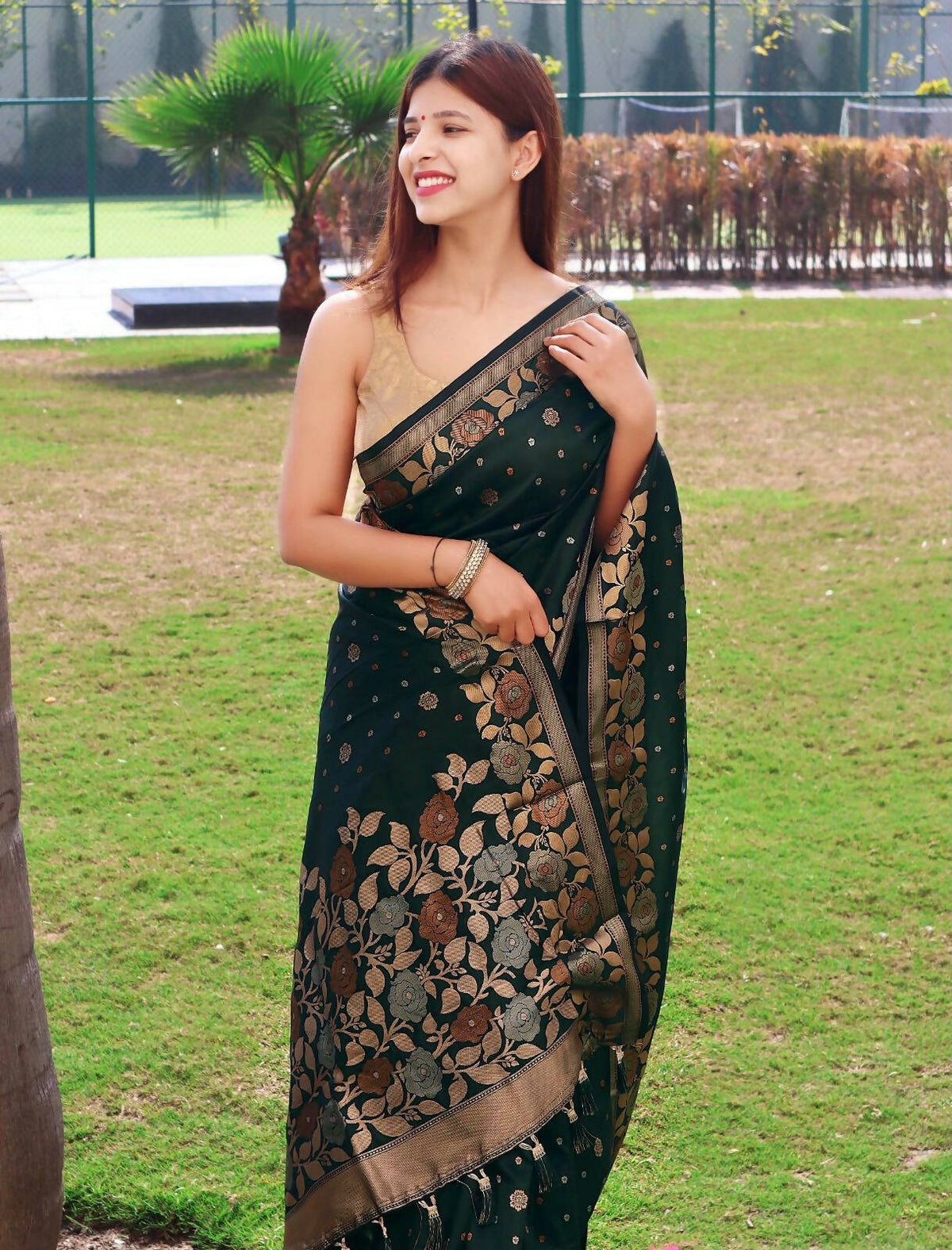 DEIANA'S Beautiful Designer Golden zari Soft Lichi Silk Saree - Green | Grocsy