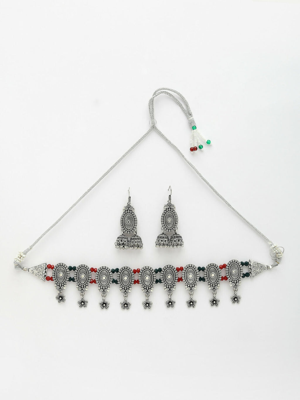NVR Women's Silver-Plated Choke Oxidized Necklace with Jhumka Earrings | Grocsy