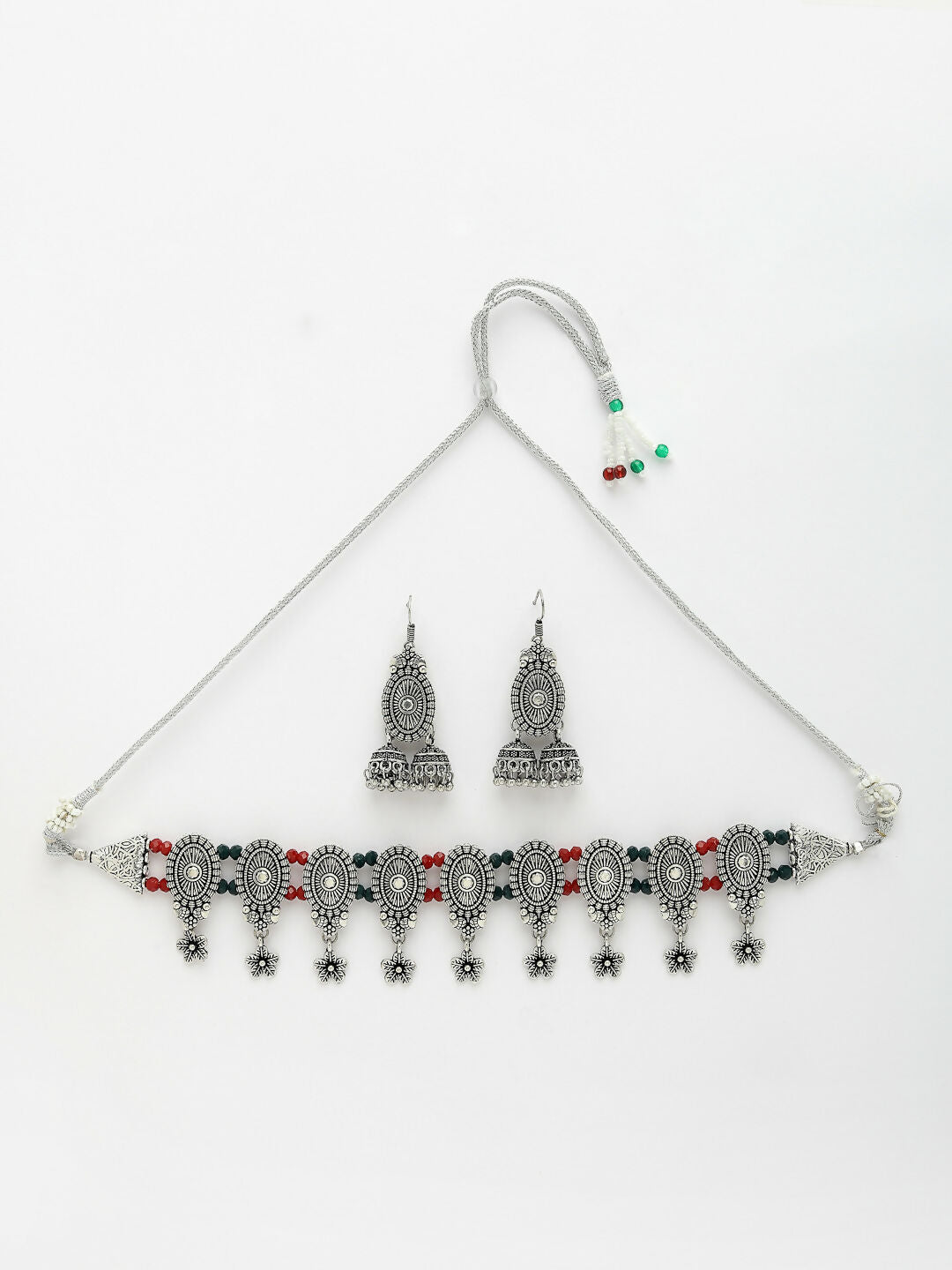 NVR Women's Silver-Plated Choke Oxidized Necklace with Jhumka Earrings | Grocsy