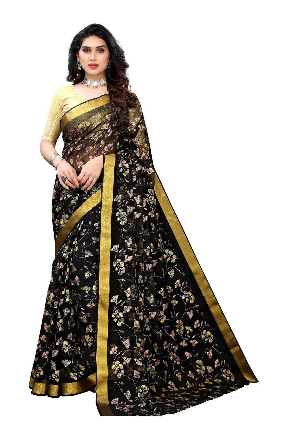 Vamika Black Printed Chiffon Saree (UJALA BLACK) | Grocsy
