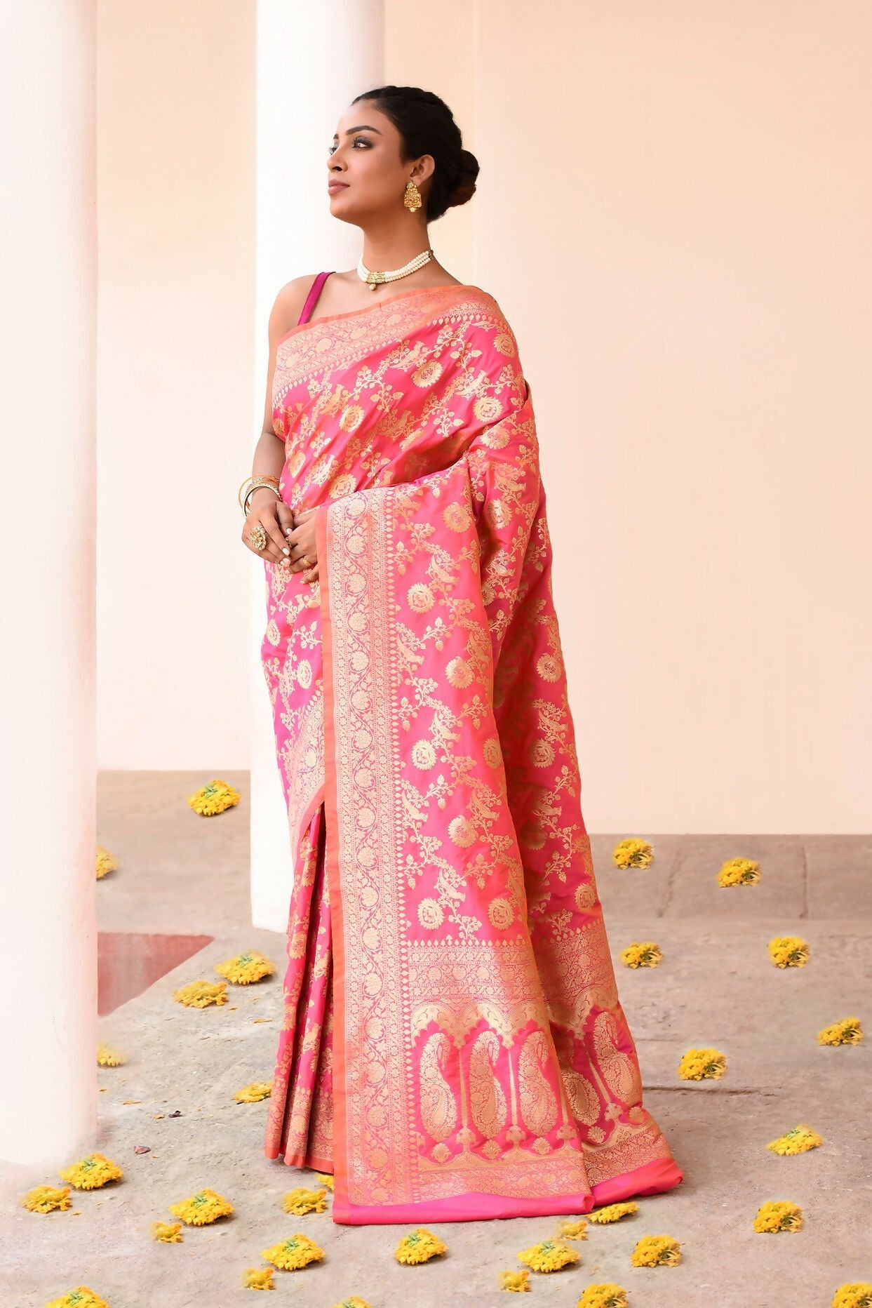 Joban Fashion Pink Peach Soft Pure Handloom Banarasi Silk Saree | Grocsy