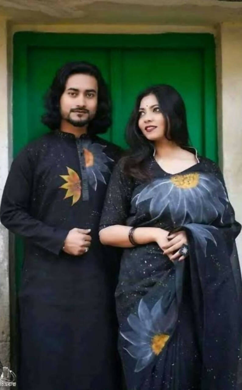 Exclusive Collection Elegant Hand Printing Designe On Pure Cotton Saree And Men's Kurta - Black | Grocsy
