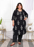 Miravan Women's Plus Size Cotton Gota Patti Black Floral Printed Straight Kurta Palazzo Set | Grocsy