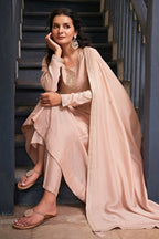 The52 Women's Beautiful Vichitra Silk Fabric Embroidery Work Flared Anarkali Pant and Dupatta Set | Grocsy