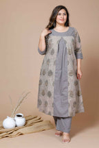Miravan Women's Plus Size Beige Floral Printed Pure Cotton A-Line Kurta With Palazzo | Grocsy