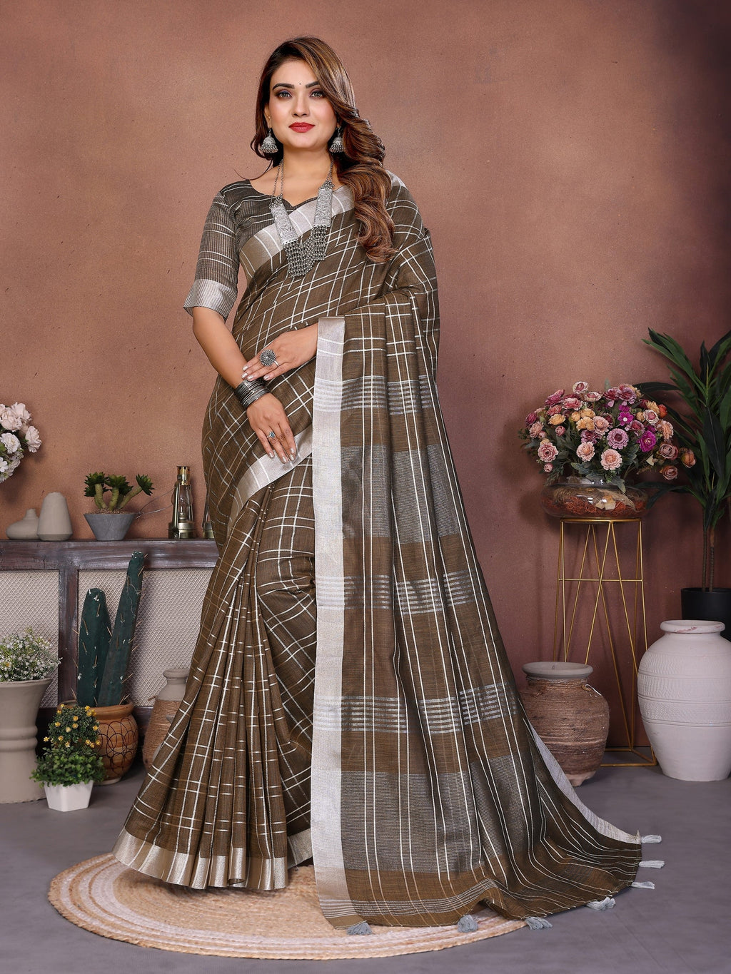 Anaita Chocolate Weaving Linen Cotton Saree With Blouse | Grocsy