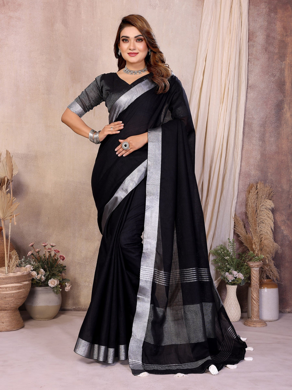 Anaita Black Weaving Linen Cotton Saree With Blouse | Grocsy