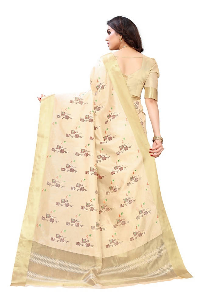Vamika Cream Color Cotton Polyester Silk Weaving Saree | Grocsy