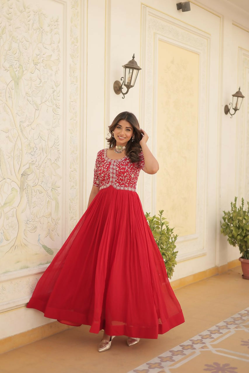 Vastranavya Faux Blooming with Embroidery Zari Sequins-work Gown - Red | Grocsy