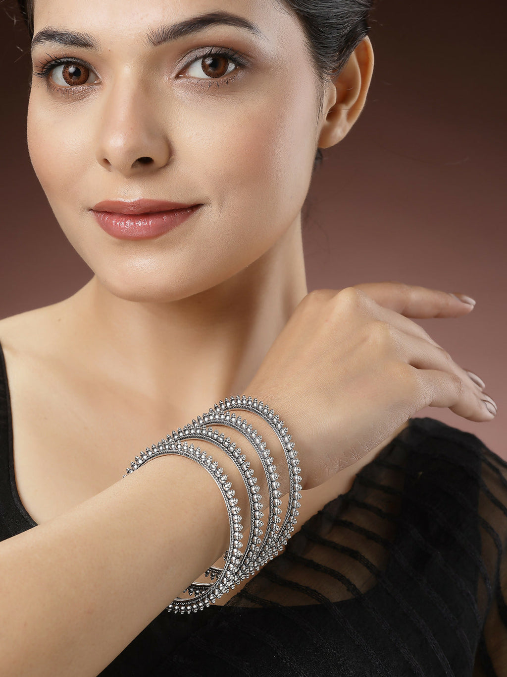 NVR Women's Set of 4 Silver-Toned German Silver Oxidised Bangles | Grocsy