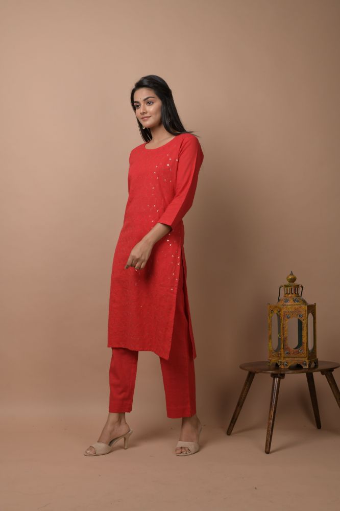 Kaajh Women's Red Solid Sequins Embellished Kurta Pant Set | Grocsy