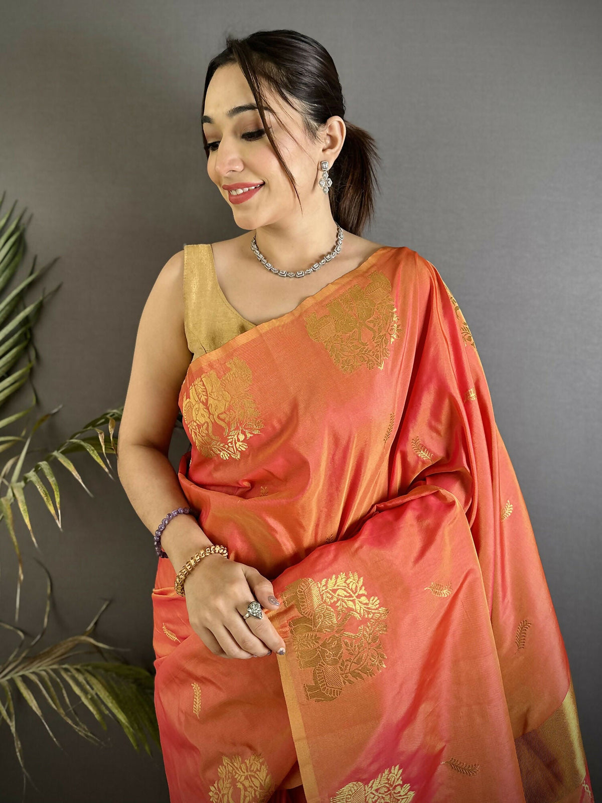 Joban Fashion Orange Motifs Zari Weaving Soft Silk Banarasi Saree | Grocsy