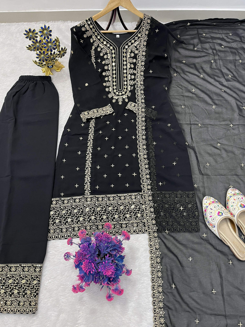 Teeya Creation Black Color Faux Georgette Embroidery Work Party Wear Salwar Suit | Grocsy