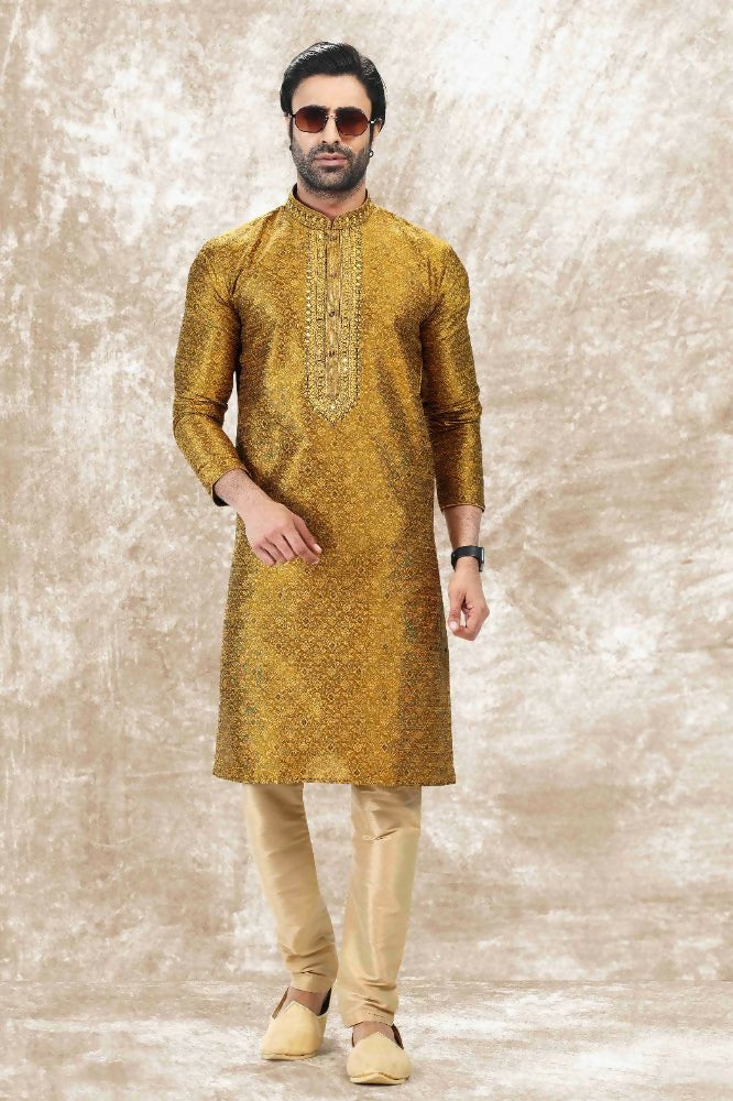 Raivat Ethnic Jacquard Silk Brocade Mirror and Thread Work Kurta Pajama In Golden Colour | Grocsy
