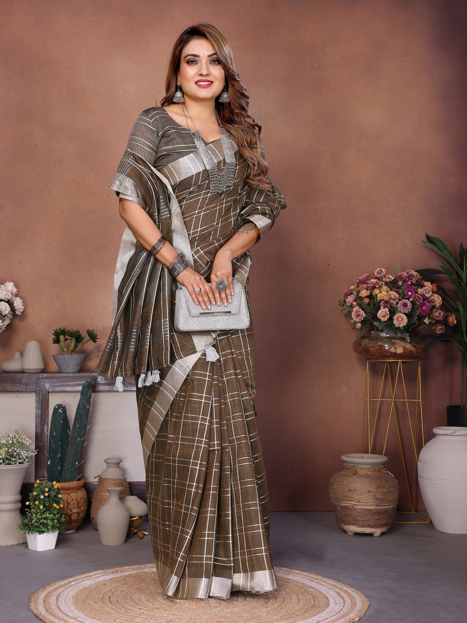 Anaita Chocolate Weaving Linen Cotton Saree With Blouse | Grocsy