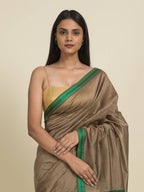 Suta Brown Green Zari Silk Cotton Maheshwari Saree | Grocsy