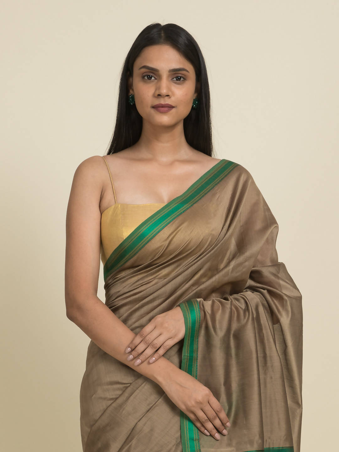 Suta Brown Green Zari Silk Cotton Maheshwari Saree | Grocsy
