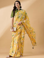 Mustard Chiffon Floral Printed Saree with Stitched Blouse - Dharavi | Grocsy
