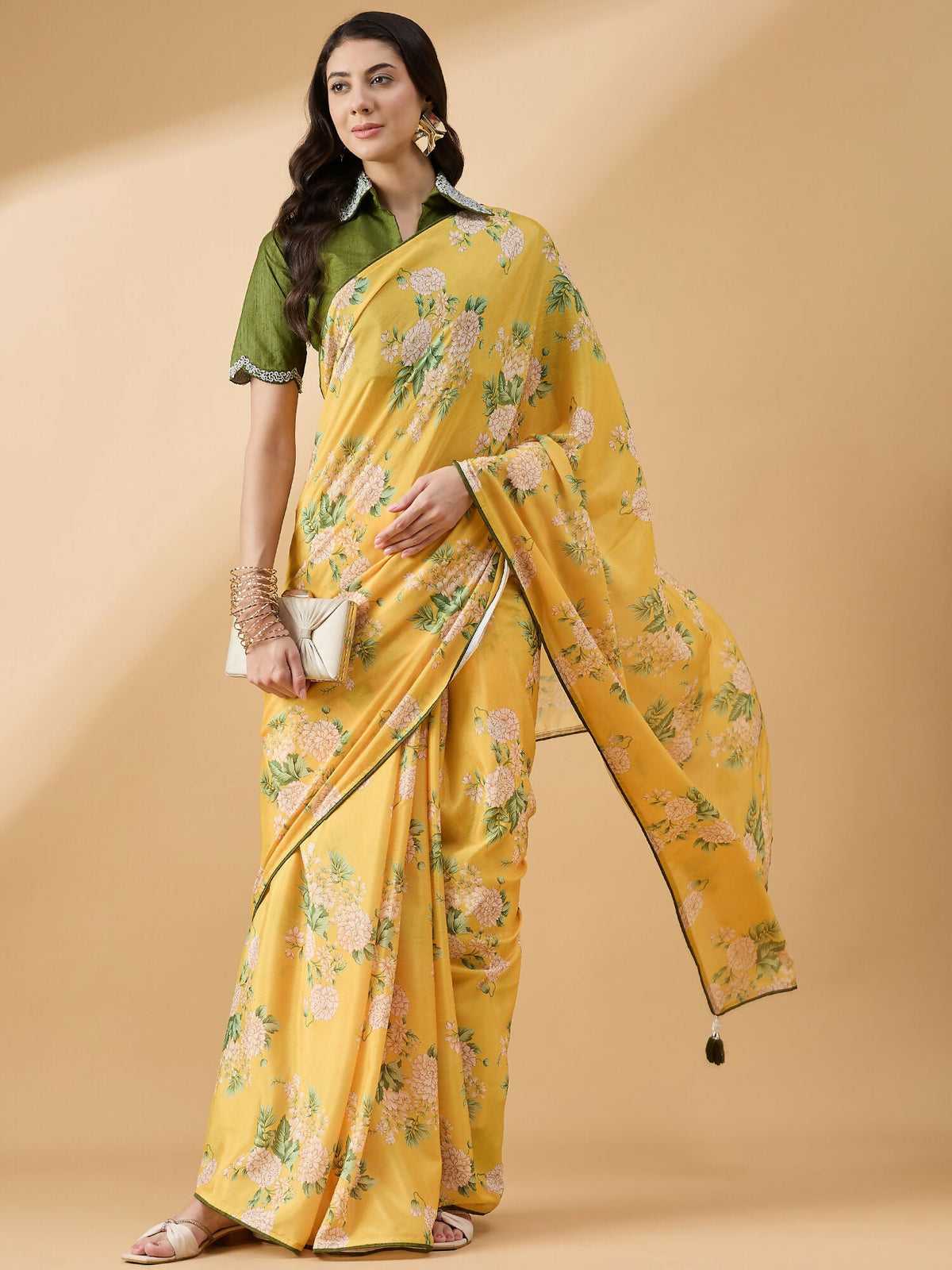Mustard Chiffon Floral Printed Saree with Stitched Blouse - Dharavi | Grocsy