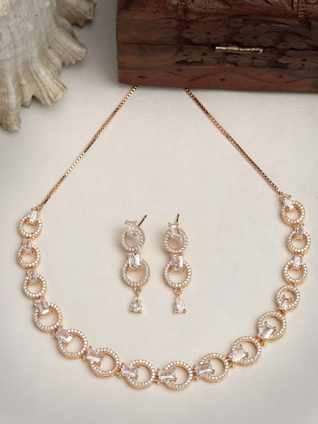 NVR Women's Gold-Polished American Diamond Studded Handcrafted Jewellery Set | Grocsy