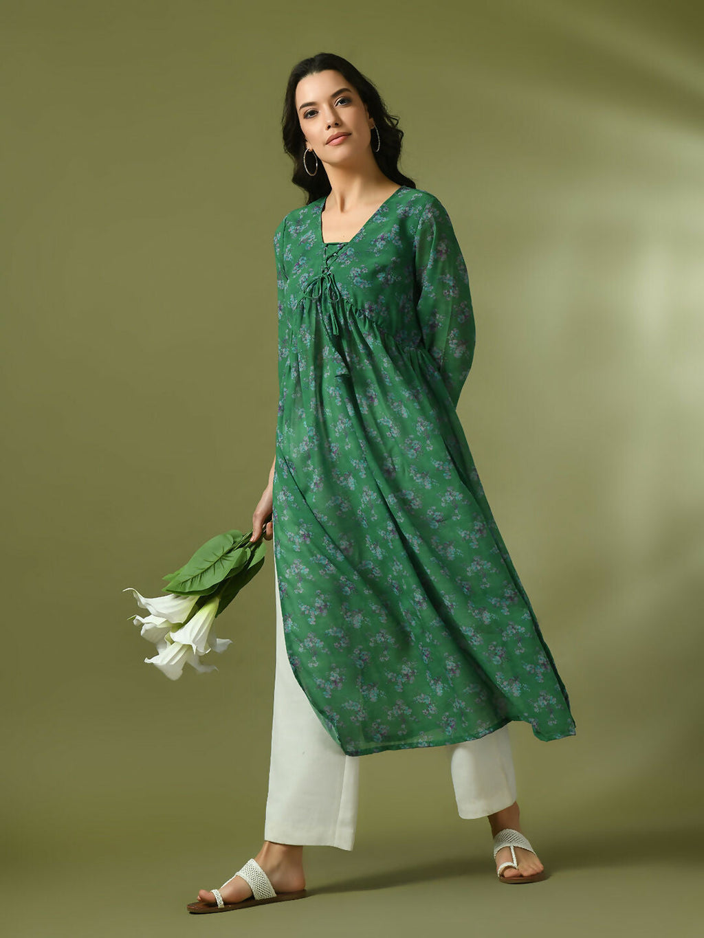 Myshka Women's Green Printed Georgette A-Line Nyra-cut Kurta | Grocsy