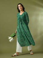 Myshka Women's Green Printed Georgette A-Line Nyra-cut Kurta | Grocsy