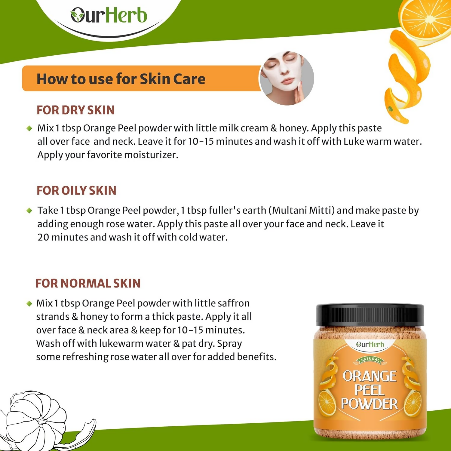 OurHerb Pure & Natural Orange Peel Powder For Face Pack With Vitamin C & Antioxidants | Grocsy