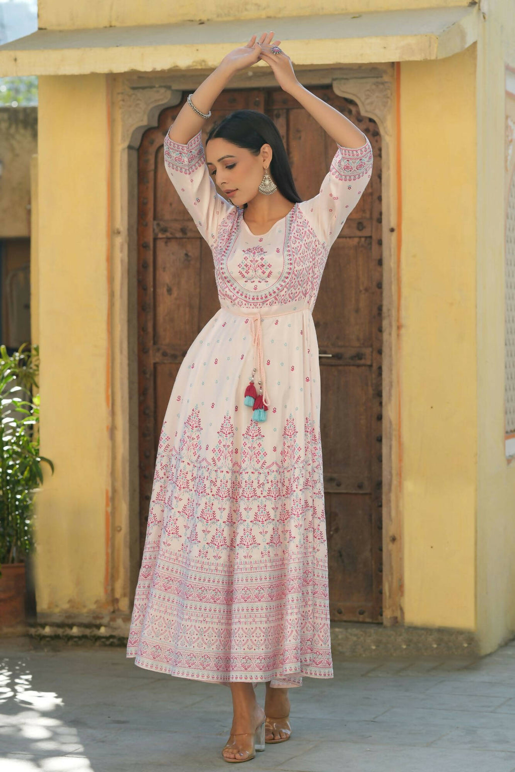 Juniper Women's Pink Viscose Shantoon Festive Printed Flared Dress | Grocsy