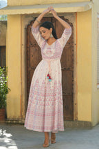 Juniper Women's Pink Viscose Shantoon Festive Printed Flared Dress | Grocsy