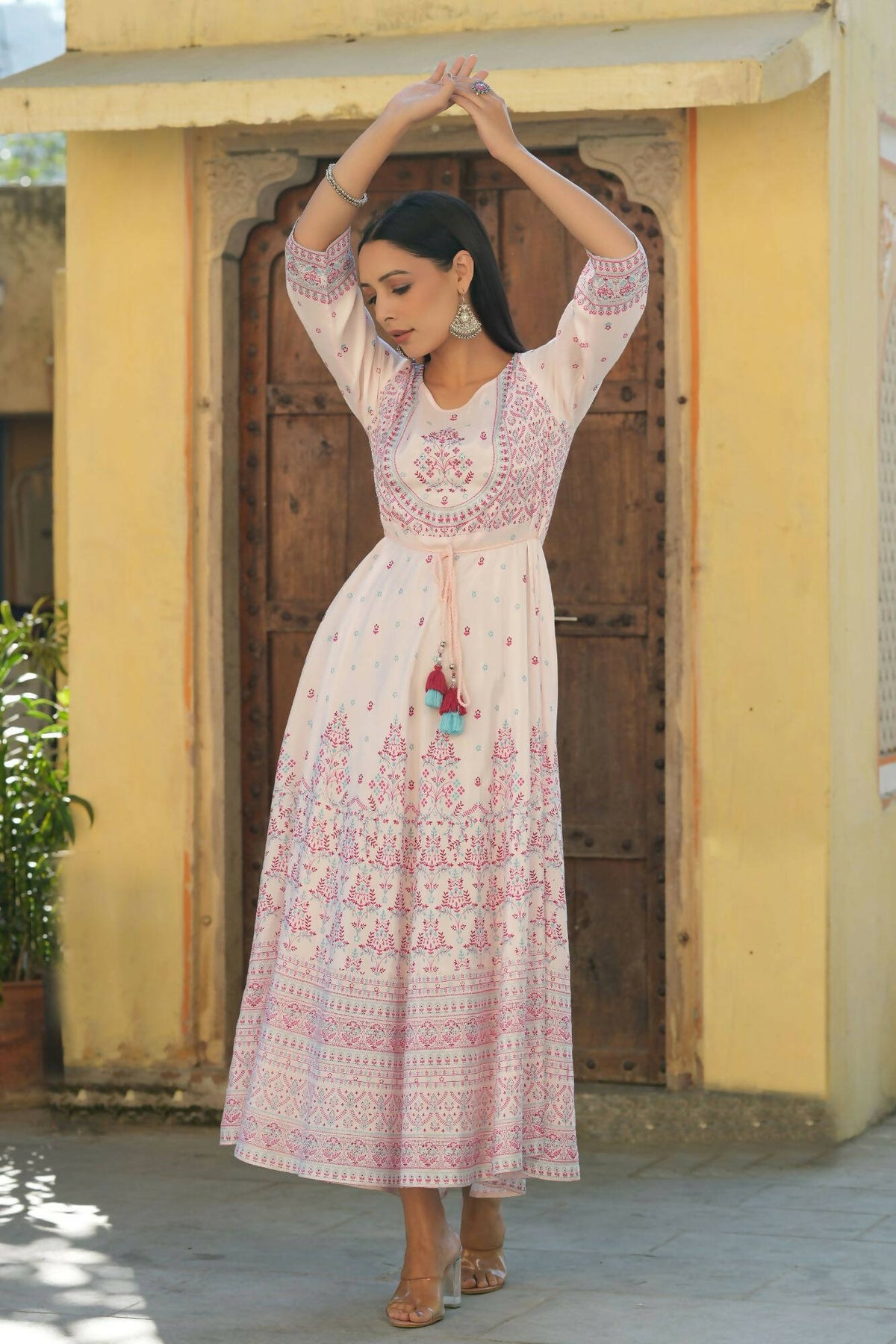Juniper Women's Pink Viscose Shantoon Festive Printed Flared Dress | Grocsy