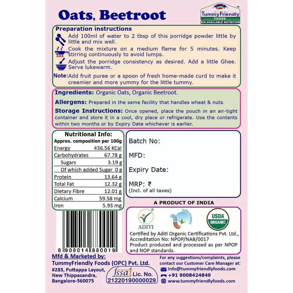 TummyFriendly Foods Certified Oats Porridge Mixes - Stage1, Stage2, Stage3 | Grocsy