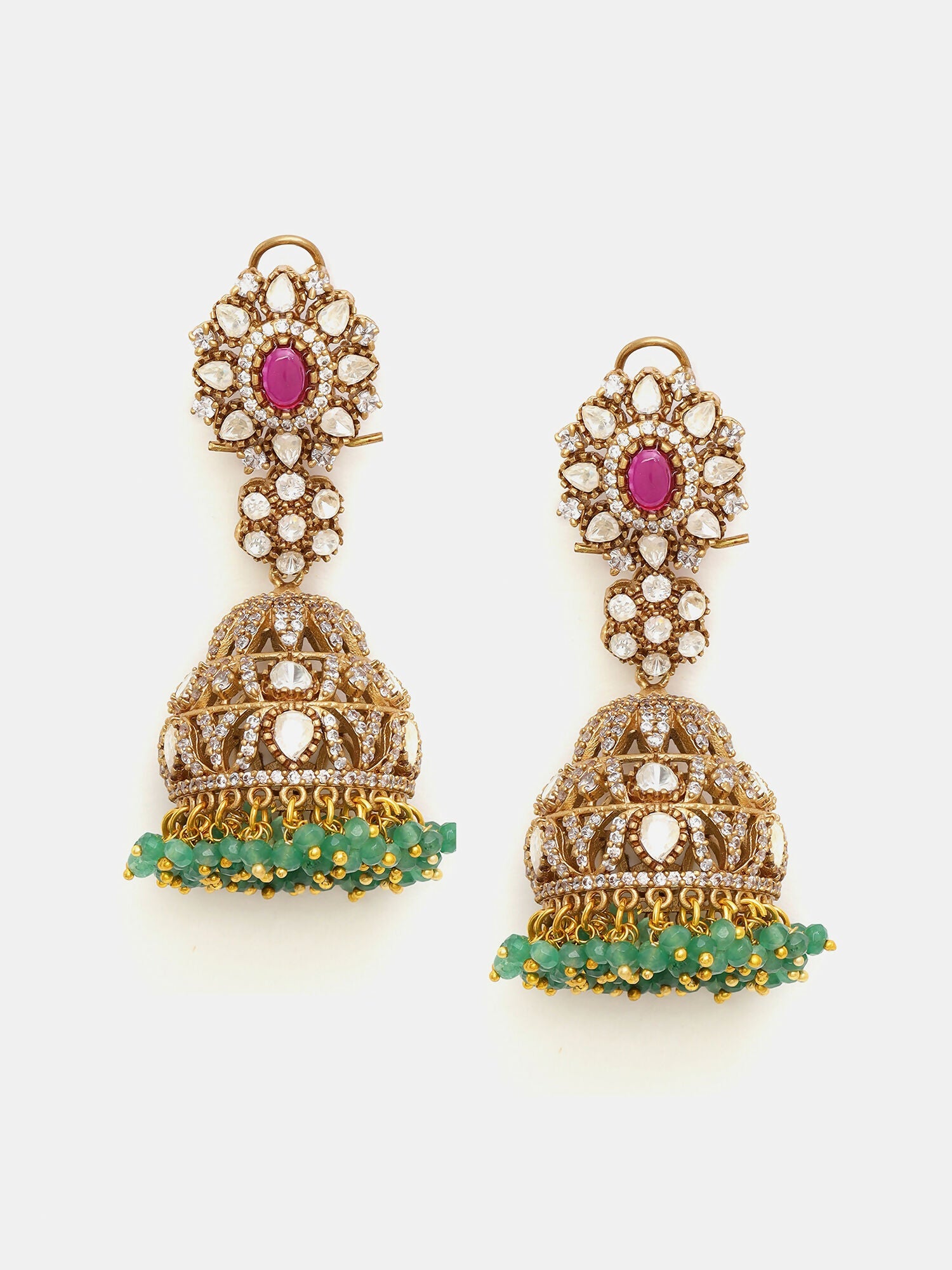 Ruby Raang Gold Polished Kundan Work Multi-Color Diamond And Stone Jhumka Earrings | Grocsy