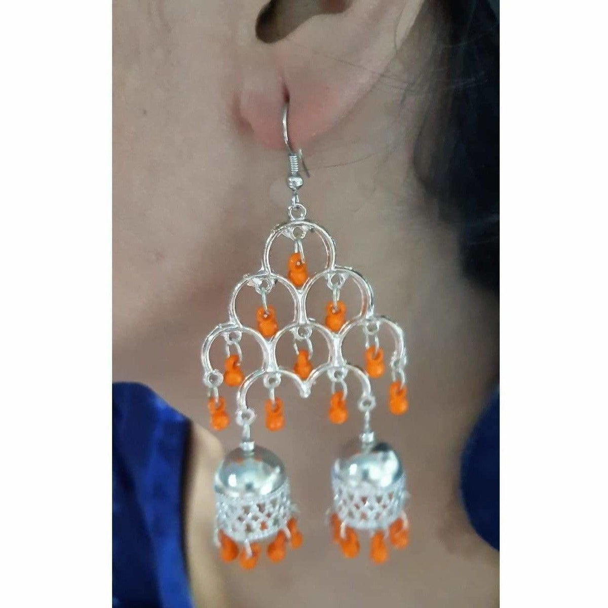 MS Fashion India Silver Oxidized Fashion Traditional Double Jhumka Long Orange Pearls Earrings | Grocsy