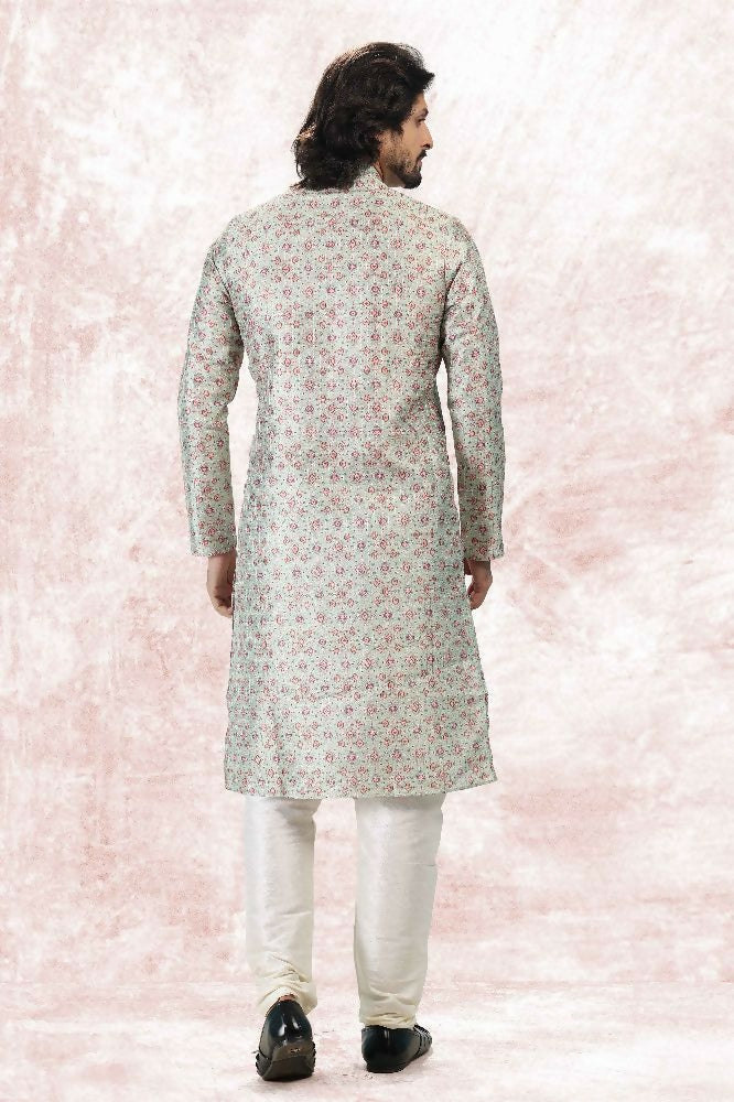Raivat Ethnic Jacquard Banarasi Silk Digital Print Kurta Pajama In Pista Green Colour | Grocsy