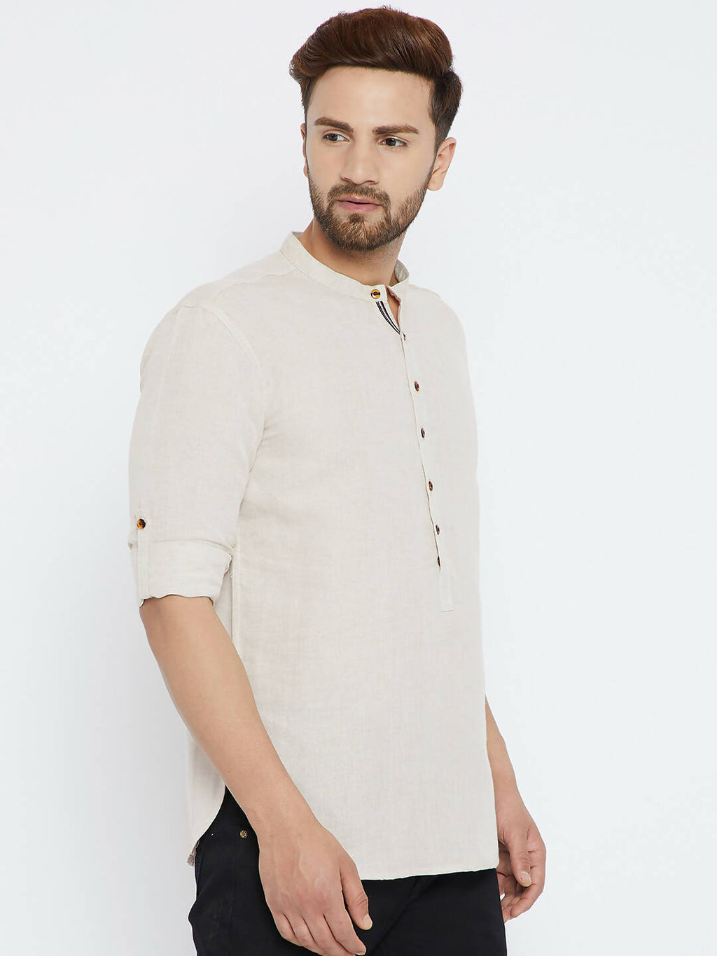 Even Apparels Beige Linen Linen Men's Kurta With Band Collar | Grocsy