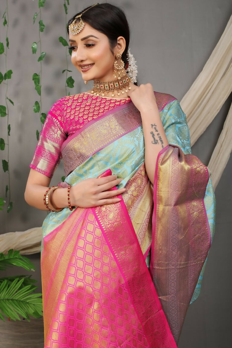 Jyoti Fashion Women's Sky Blue Kanjivaram Silk Zari Woven Saree with Blouse | Grocsy