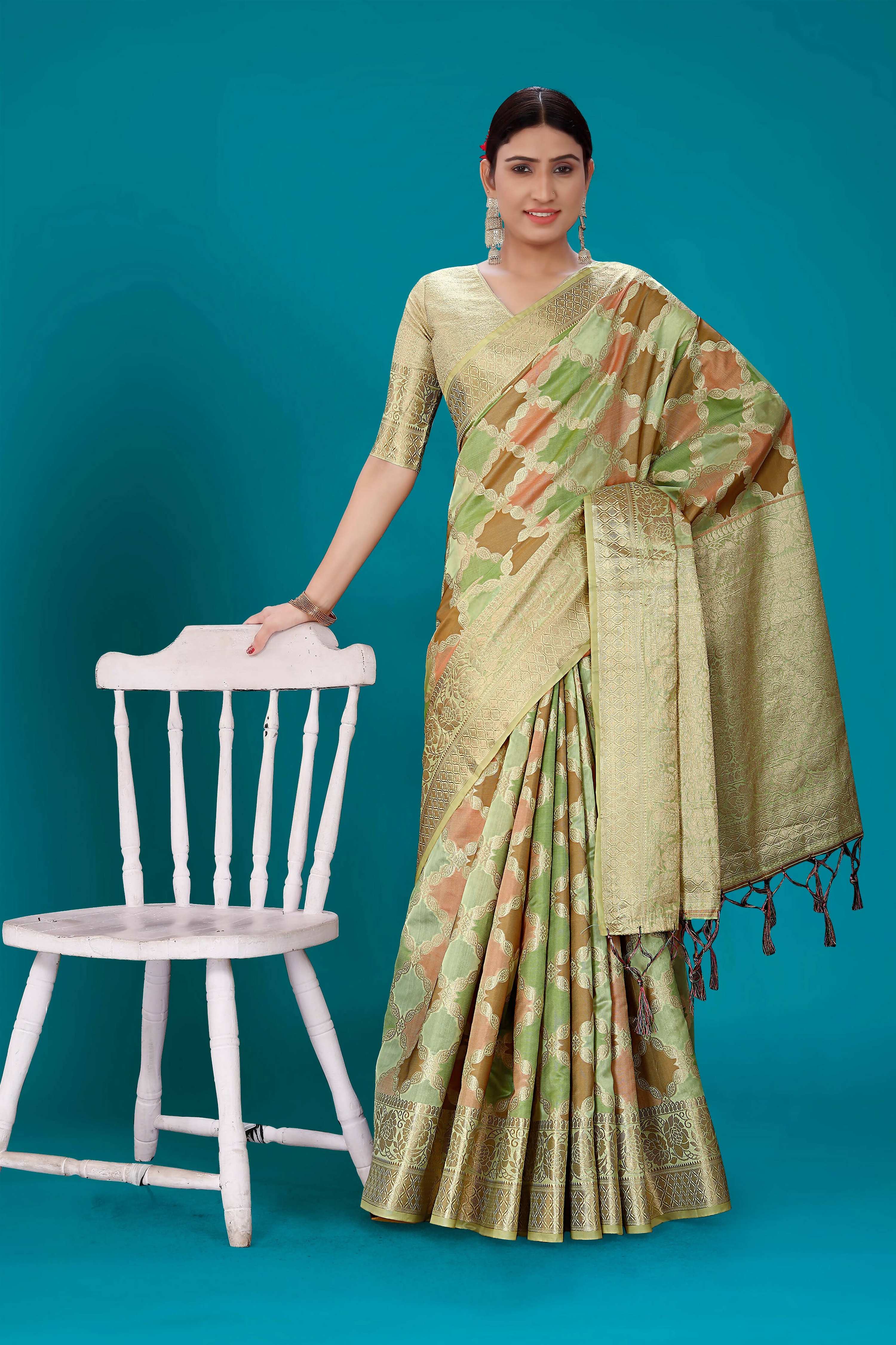 Pista Soft Organza Woven Design Saree with Unstitched Blouse Piece - Zaara | Grocsy