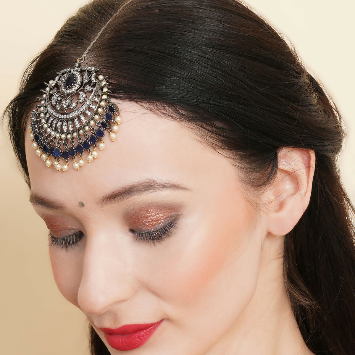Oversized Diamond & Blue Stone Maang Tikka- Ruby Raang | Grocsy