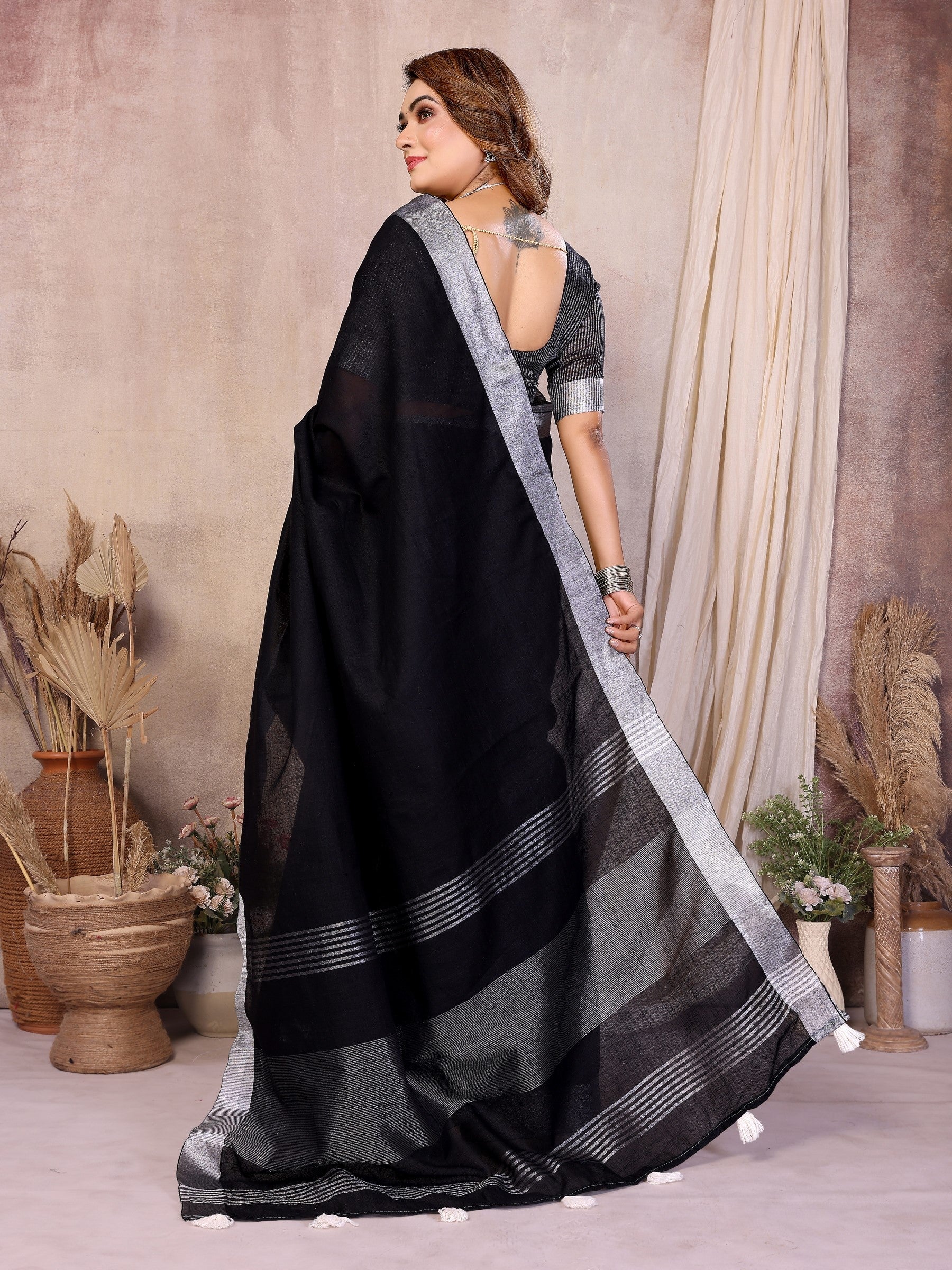 Anaita Black Weaving Linen Cotton Saree With Blouse | Grocsy