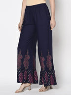 Aniyah Rayon Navy Blue Color Block Print Flared Slip-On Palazzo (AN-216K) | Grocsy