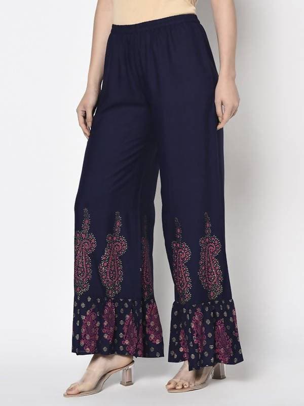 Aniyah Rayon Navy Blue Color Block Print Flared Slip-On Palazzo (AN-216K) | Grocsy