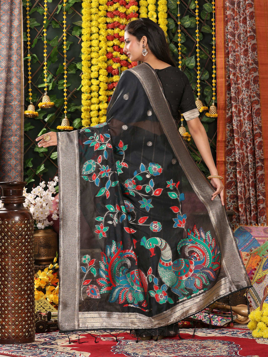 Shree Shyam Fashion Linen Cotton Black Saree | Grocsy