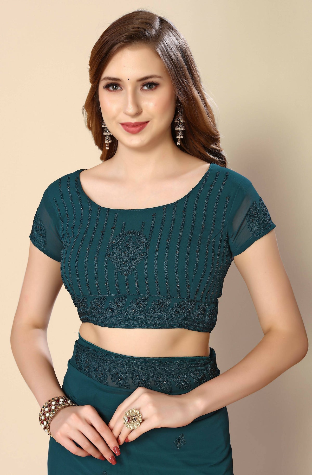 Teal Georgette Embroidered and Stone Work Saree with Unstitched Blouse Piece - Roozal | Grocsy