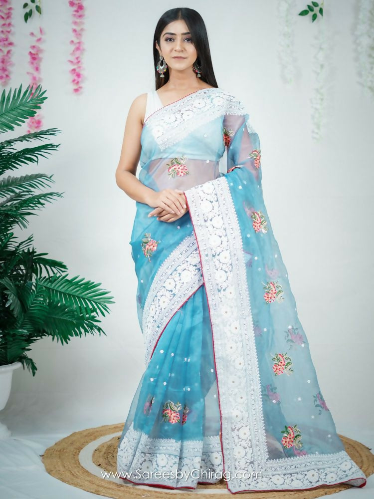 Vamsee Sambhuti Sky Organza Saree | Grocsy