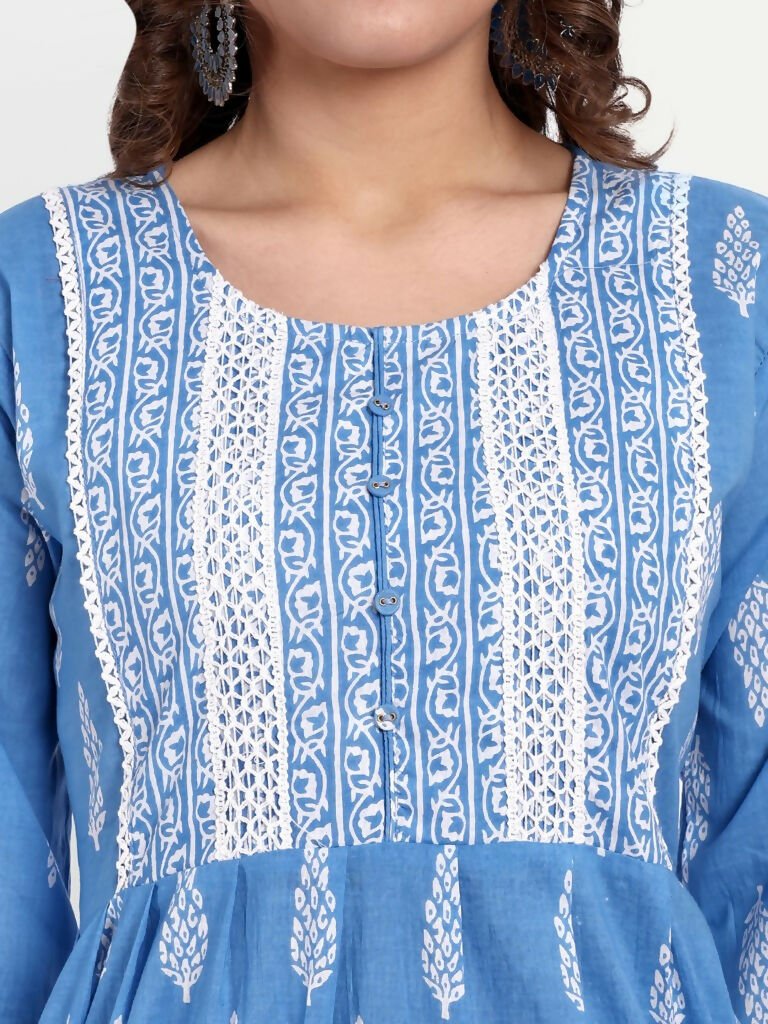 Alvano Printed Naira Cut Kurti with Pant set for Women and Girls Cotton (Blue) | Grocsy