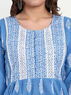 Alvano Printed Naira Cut Kurti with Pant set for Women and Girls Cotton (Blue) | Grocsy