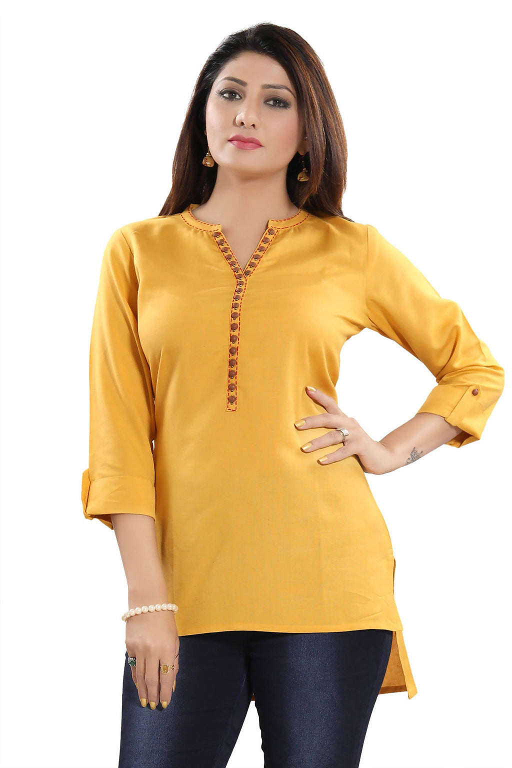 Snehal Creations Desirable Mustard Rayon Cotton Hi-Low Short Kurti Top | Grocsy
