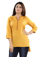 Snehal Creations Desirable Mustard Rayon Cotton Hi-Low Short Kurti Top | Grocsy