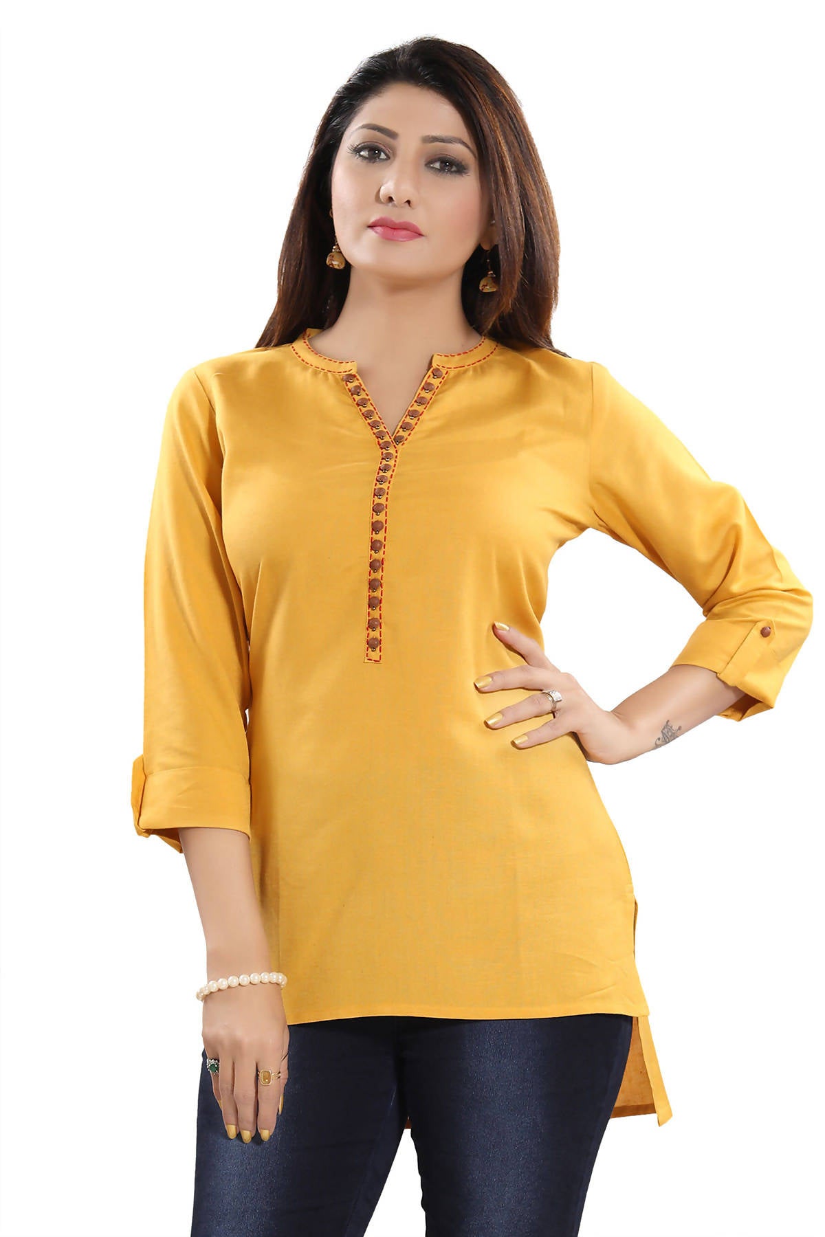 Snehal Creations Desirable Mustard Rayon Cotton Hi-Low Short Kurti Top | Grocsy