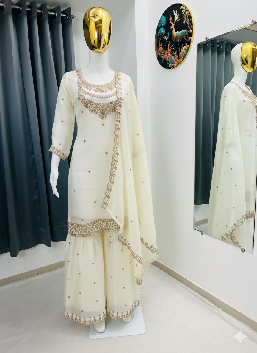 Teeya Creation Cream Color Fendy Satin Silk Heavy Embroidery Work Sharara Suit | Grocsy